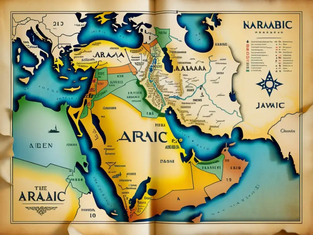 Mapa vintage detallado que muestra las influencias mutuas árabe, hebreo y arameo, con intrincadas representaciones de cada idioma y rutas comerciales históricas