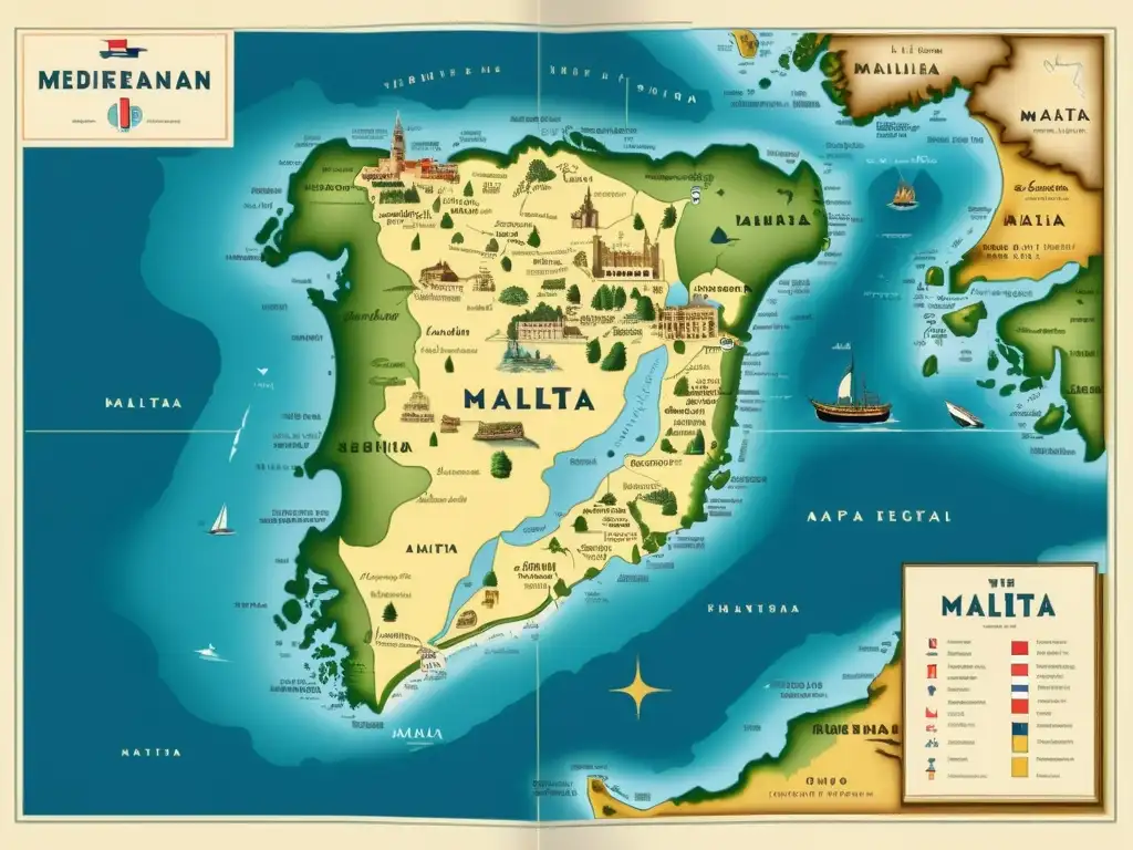 Mapa vintage detallado de la región mediterránea con influencias históricas en la fonética del maltés, evocando el legado de la lengua semítica