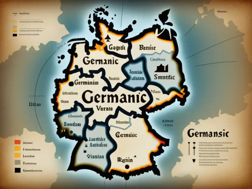 Mapa vintage detallado de isoglosas y fonética, con límites lingüísticos germánicos y tonos sepia evocando historia y tradición