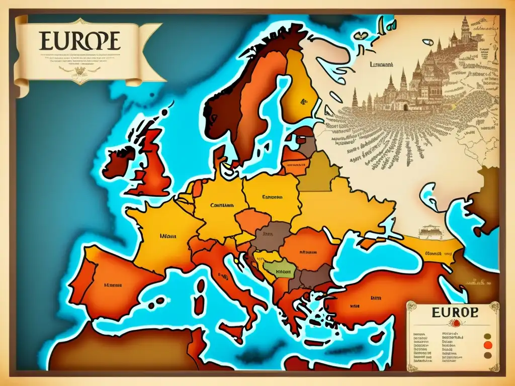 Mapa vintage detallado de Europa, mostrando la evolución de las lenguas romances con ilustraciones ornamentales de hitos culturales