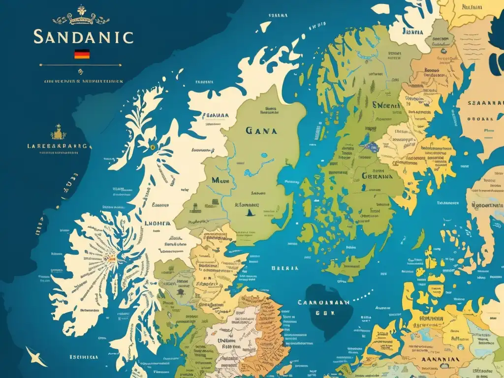 Mapa vintage detallado de las lenguas germánicas y escandinavas con análisis fonético de tonos escandinavos