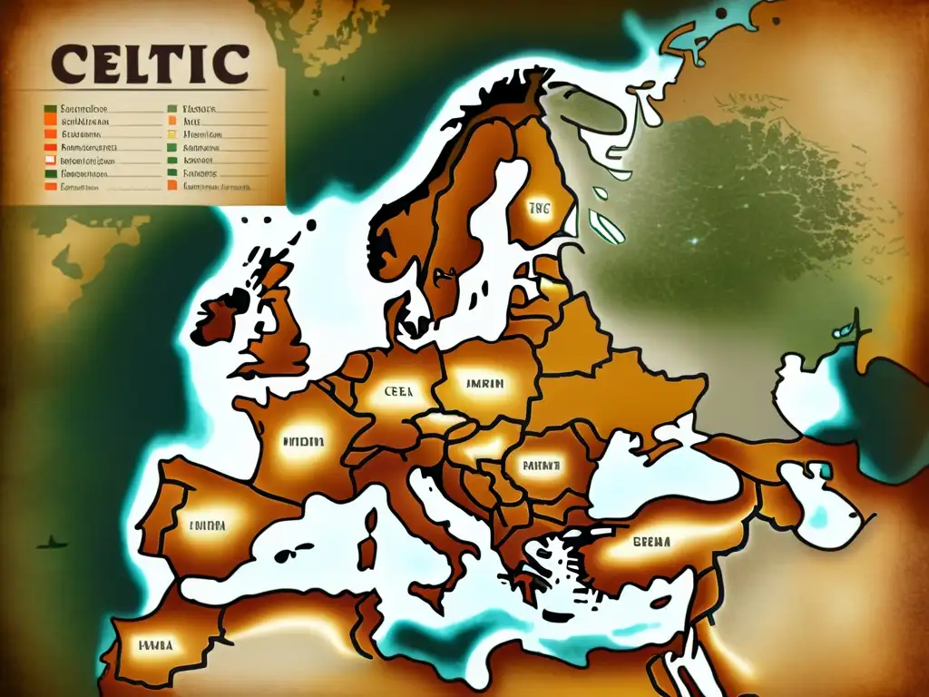 Mapa vintage detallado de la evolución de las lenguas celtas en Europa, brindando profundidad académica y significado histórico