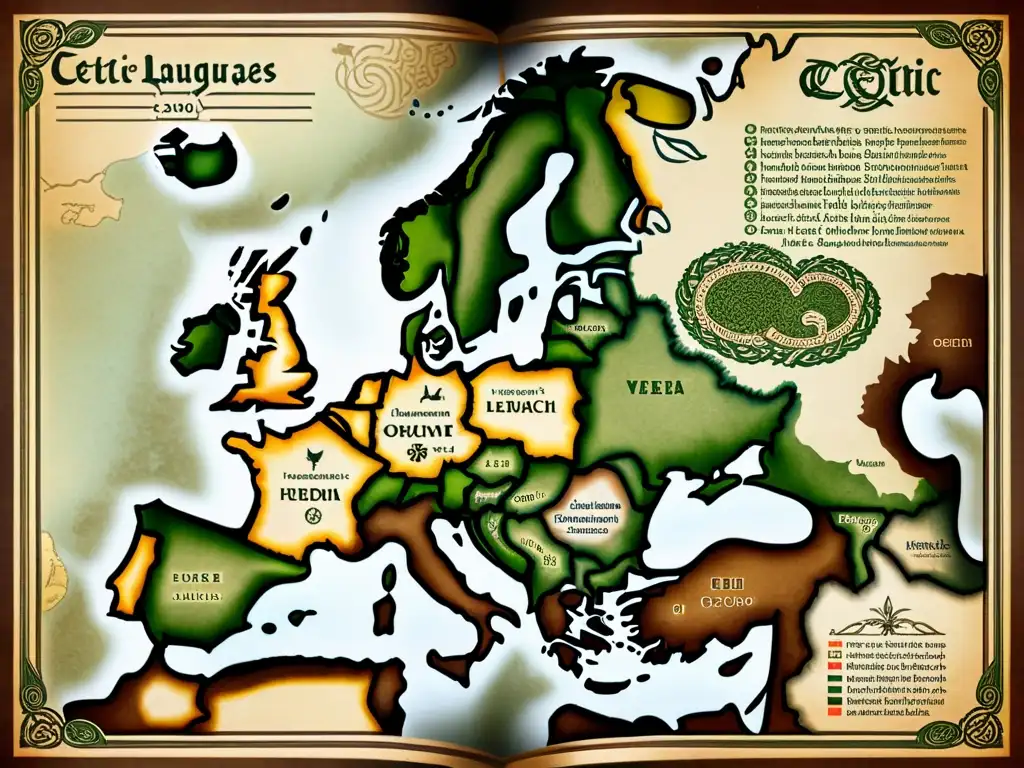 Mapa vintage detallado que muestra la dispersión de lenguas celtas en Europa, con símbolos celtas y paisajes