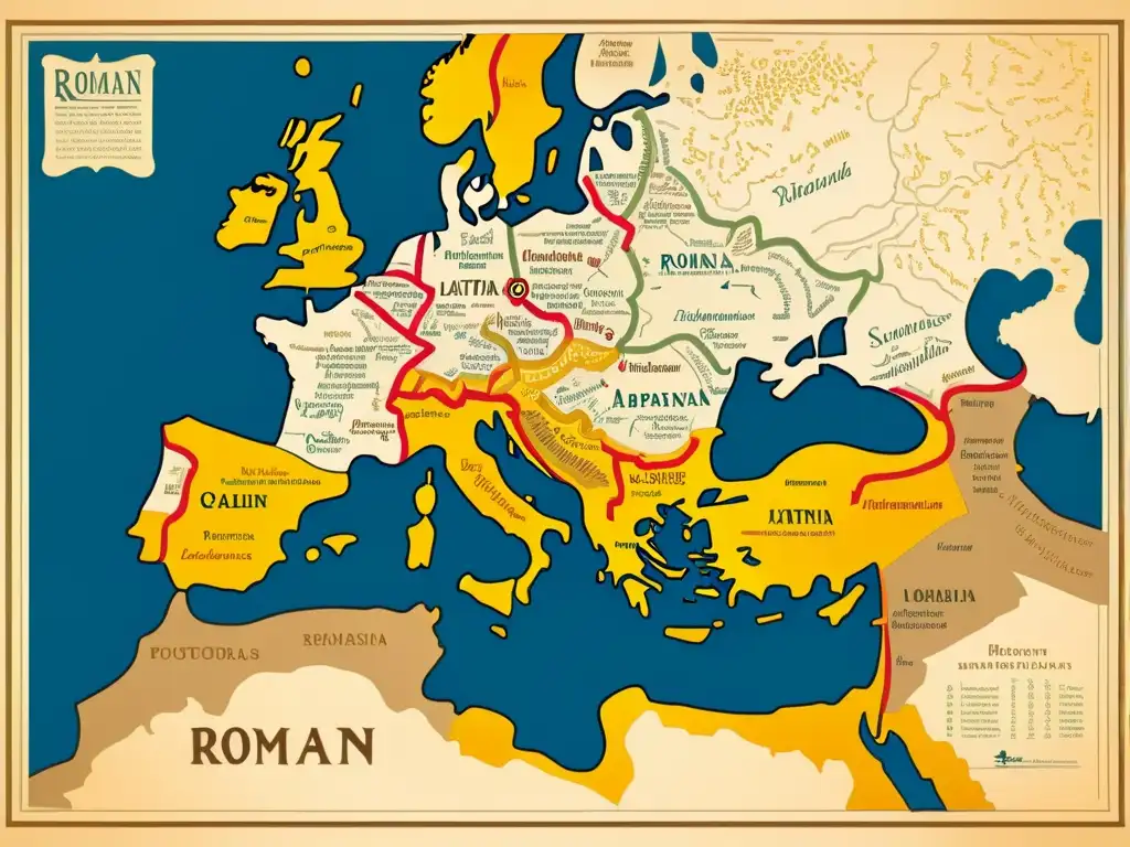 Un mapa vintage detallado muestra la transición del latín a lenguas romances