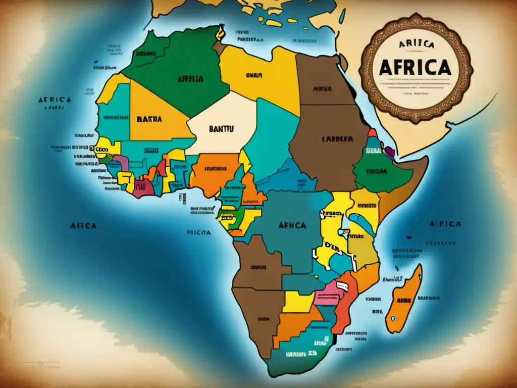 Mapa vintage detallado de África, destaca distribución de lenguas bantúes y su rica diversidad