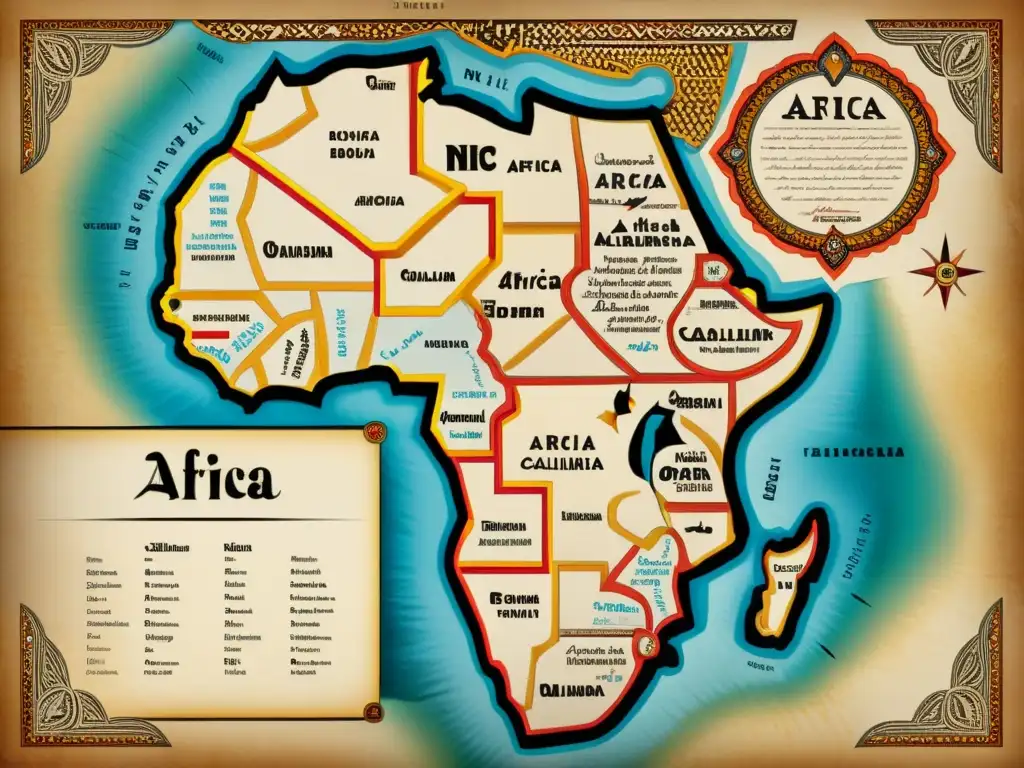 Mapa vintage detallado de África con lenguas africanas y formas verbales únicas, evocando la diversidad lingüística del continente