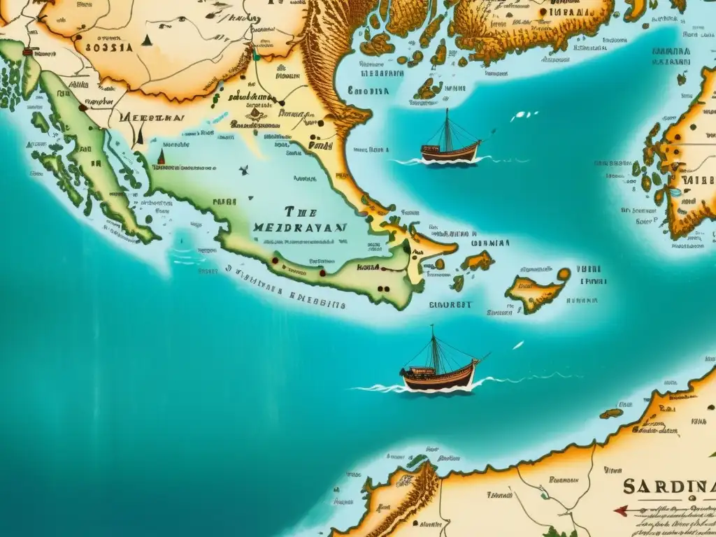 Un mapa vintage detallado del Mediterráneo con barcos pesqueros y pueblos costeros en la costa de Cerdeña