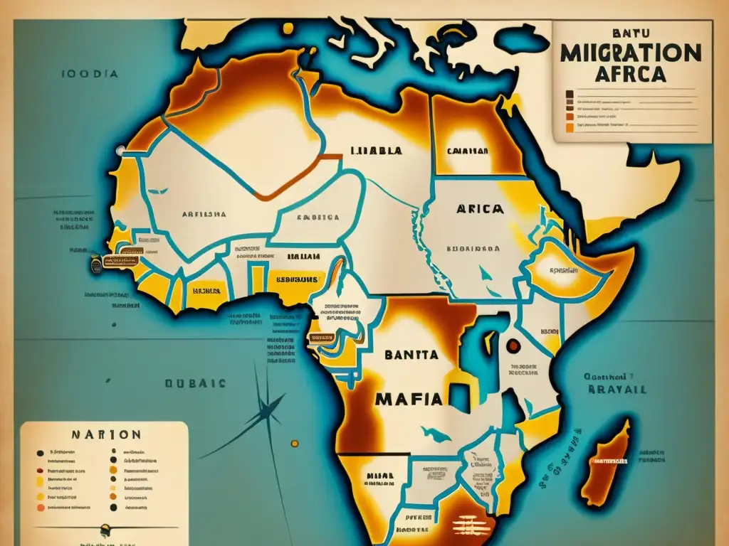 Mapa vintage detallado de la migración Bantú en África, mostrando rutas, comunidades tribales, influencias lingüísticas y hitos culturales