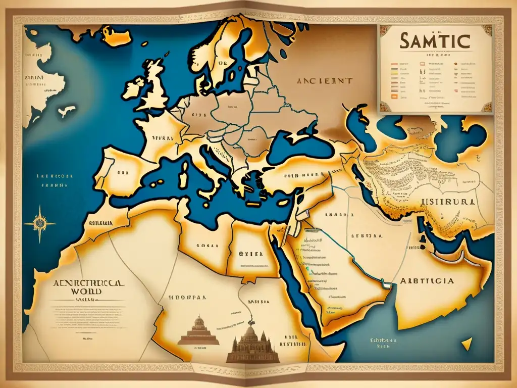 Mapa vintage detallado del mundo semítico antiguo, con tonos sepia y pergamino