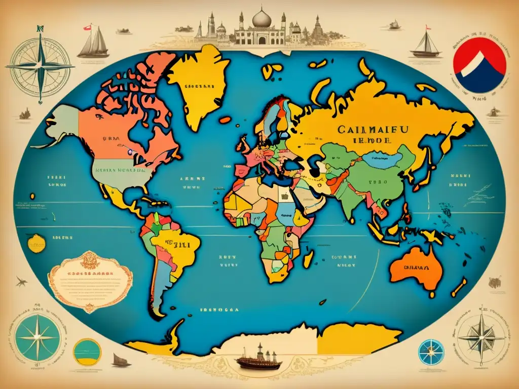 Mapa vintage detallado del mundo con colores resaltando diversidad de dialectos