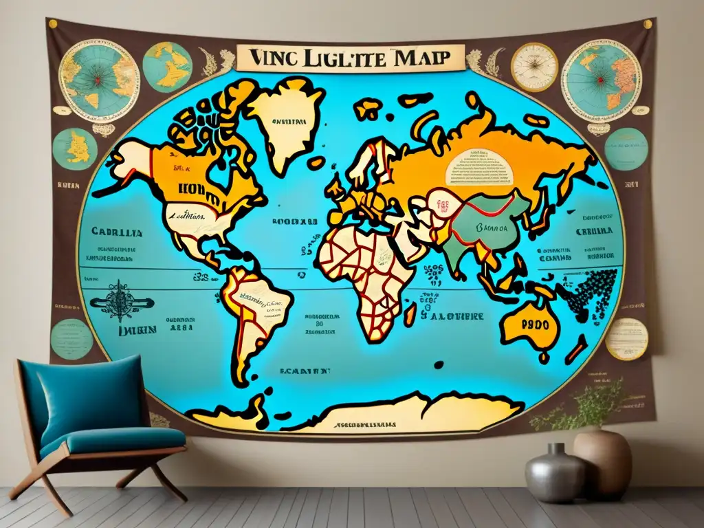 Mapa vintage detallado del mundo, muestra diversidad lingüística con caligrafía y cultura