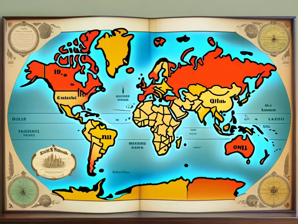 Mapa vintage detallado del mundo con plumas antiguas y tinteros, evocando historia y diversidad de dialectos