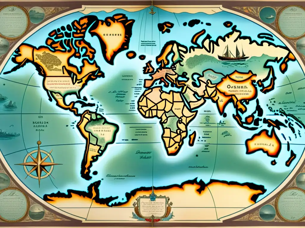 Un mapa vintage detallado del mundo con colores desgastados y caligrafía delicada