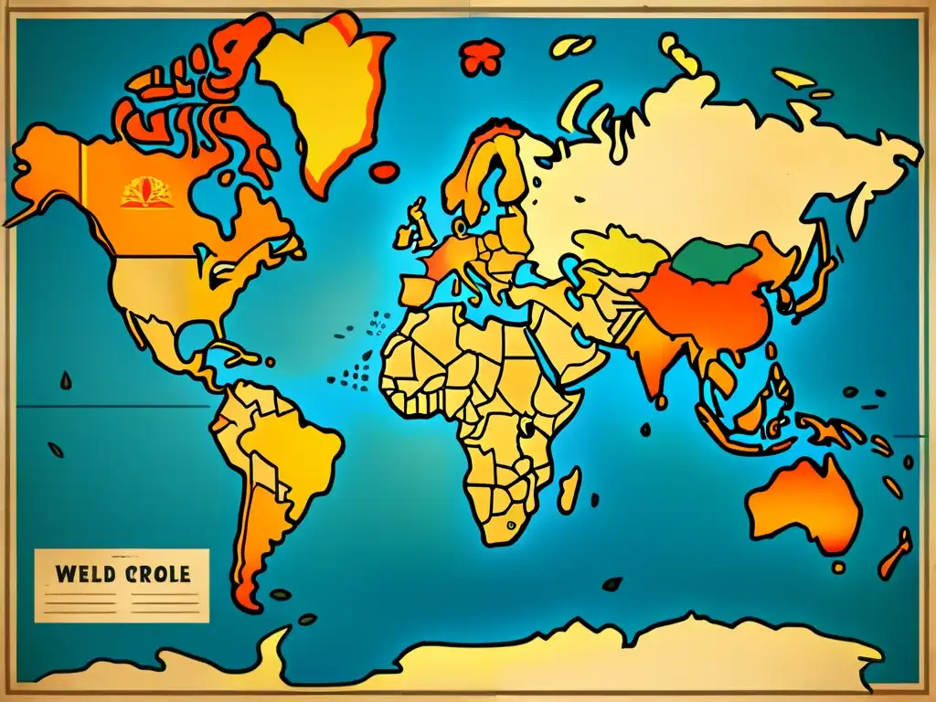 Un mapa vintage detallado del mundo que destaca las lenguas criollas más habladas, con colores desgastados y detalles intrincados