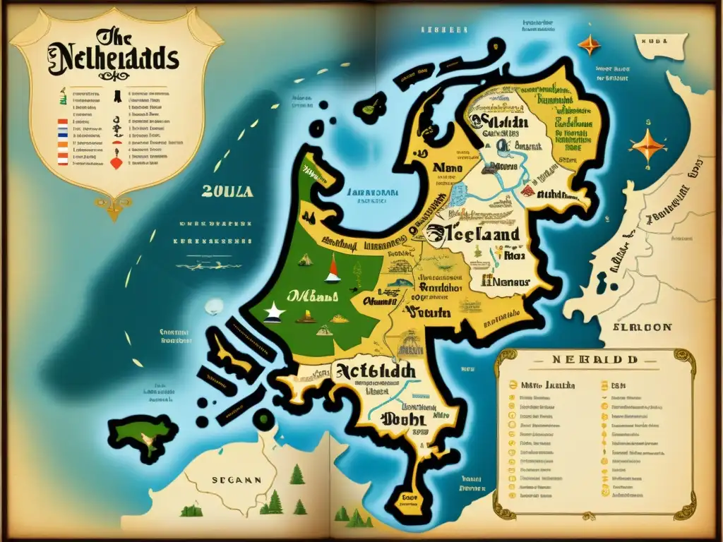 Mapa vintage detallado de los Países Bajos, mostrando la evolución del neerlandés a idioma con caligrafía detallada y símbolos culturales