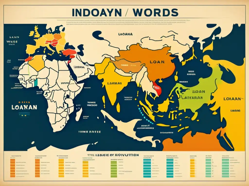 Mapa vintage detallado de préstamos lingüísticos entre lenguas IndoArias, mostrando la evolución de las palabras a lo largo del tiempo en un intrincado entramado de colores y patrones