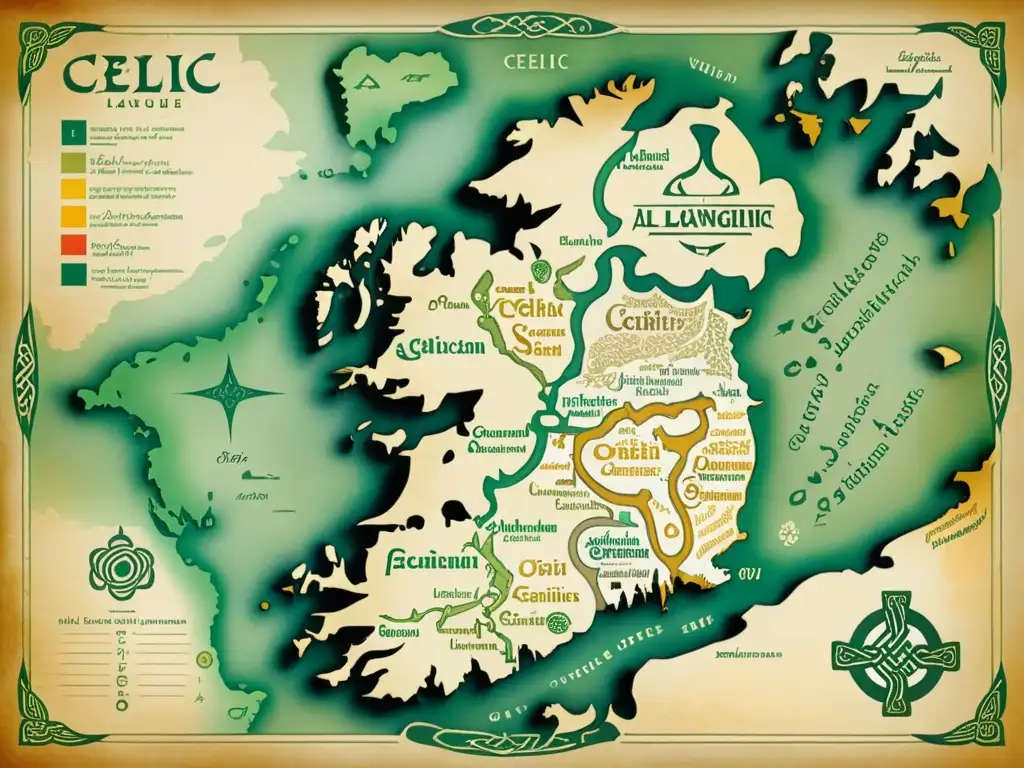 Mapa vintage detallado de las regiones celtas, resaltando la importancia de los sufijos en lenguas celtas con elegante caligrafía y símbolos antiguos