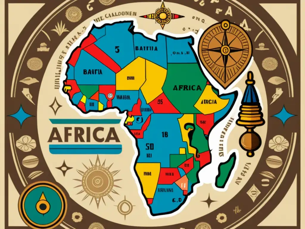 Un mapa vintage detallado de las regiones de idiomas bantúes en África, con ilustraciones coloridas de instrumentos tradicionales, símbolos culturales y patrones intrincados que representan la rica diversidad fonética de las lenguas bantúes