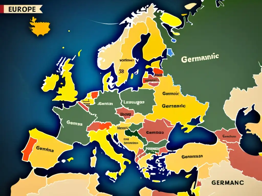 Un mapa vintage detallado de Europa destaca las regiones donde se hablan lenguas germánicas en tonos diferentes