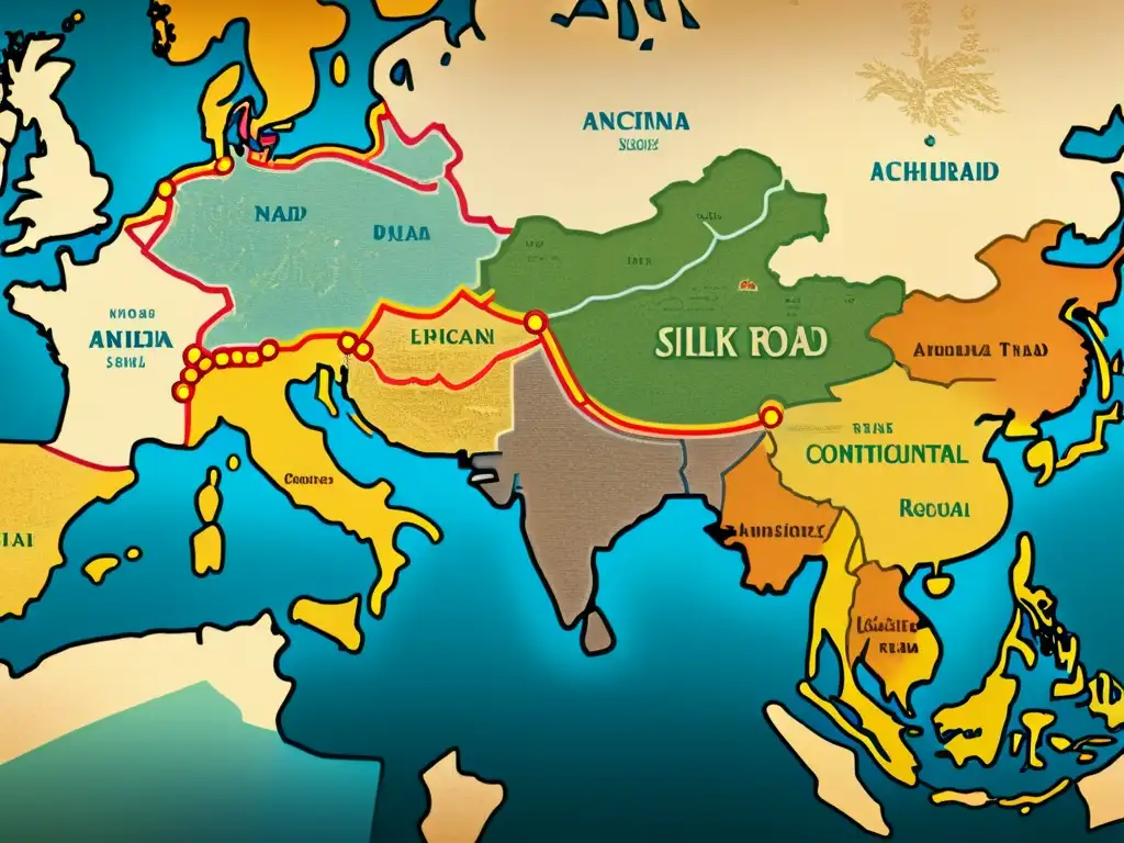 Mapa vintage detallado de la Ruta de la Seda, resaltando conexiones lingüísticas transcontinentales