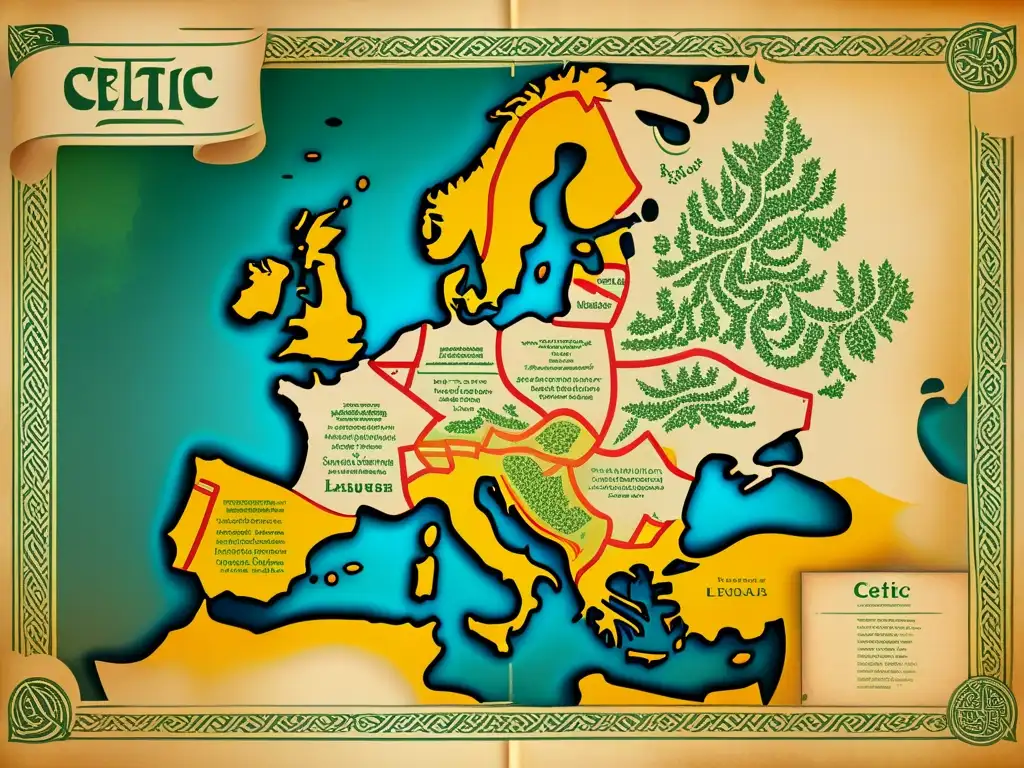 Mapa vintage detallado de las rutas y evolución de los idiomas celtas, con símbolos celtas y caligrafía intrincada