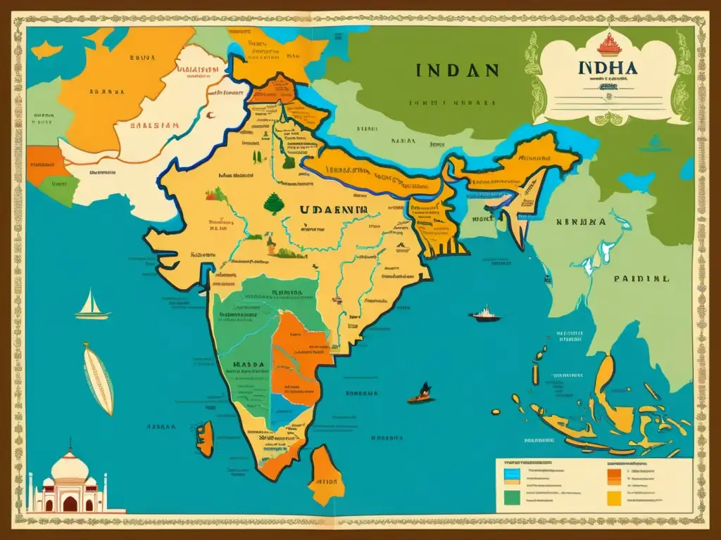 Mapa vintage detallado del subcontinente indio, muestra el origen del hindi y urdu con colores vibrantes y caligrafía elaborada