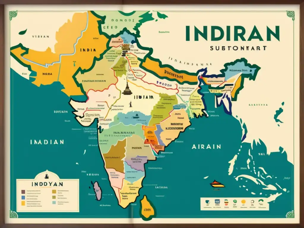 Un mapa vintage detallado del subcontinente indio, con colores vibrantes y caligrafía delicada, mostrando la diversidad lingüística indoaria