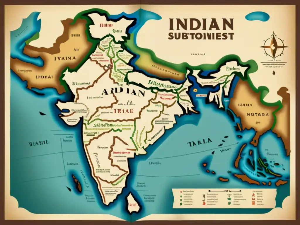 Mapa vintage detallado del subcontinente indio, resaltando la importancia de las lenguas IndoArias en relaciones internacionales