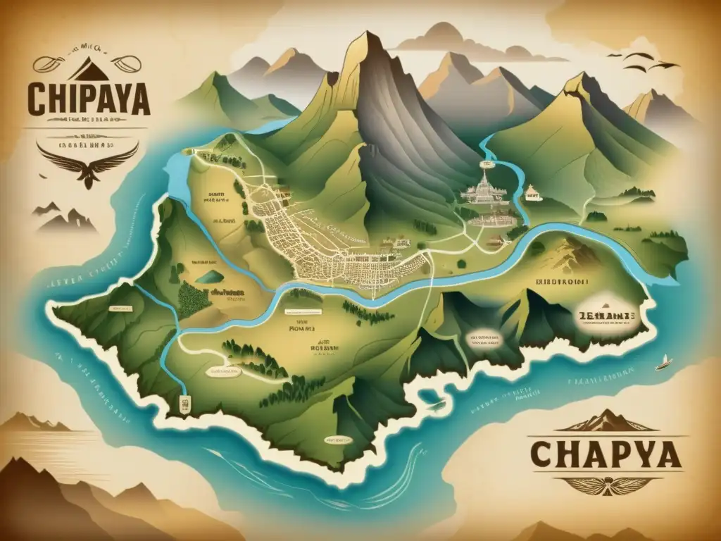 Un mapa vintage detallado de la región Chipaya, con tonos sepia y detalles hechos a mano