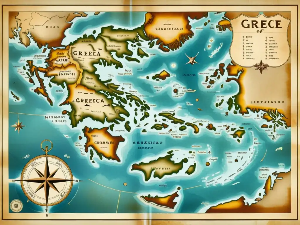 Un mapa vintage detallado de Grecia en tonos sepia, con regiones, dialectos y adornos antiguos