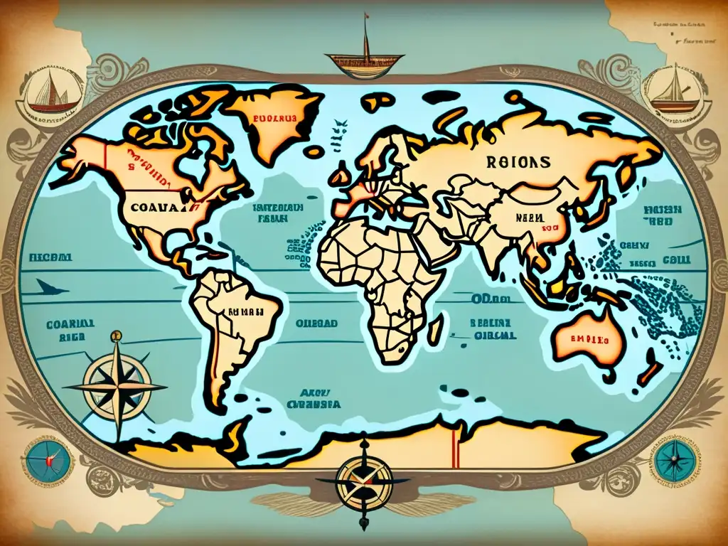 Mapa vintage detallado con tonos terrosos, brújulas y barcos, evocando exploración y comercio global