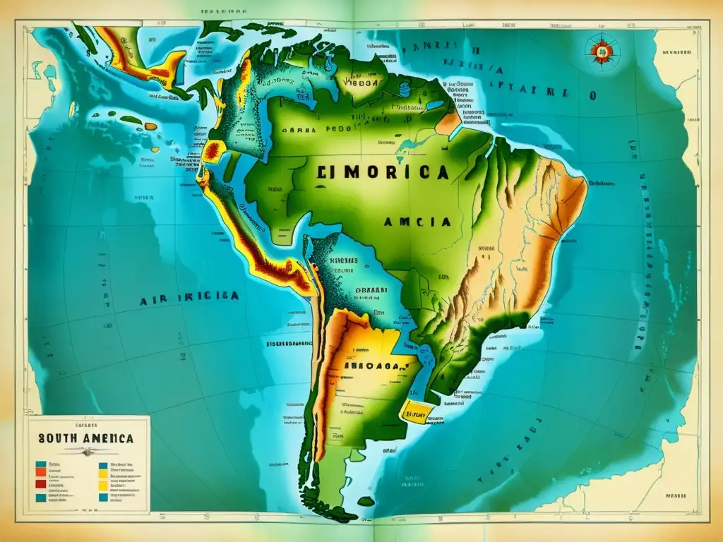 Mapa vintage detallado de Suramérica, con topografía, ríos y asentamientos indígenas