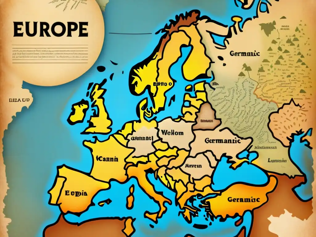 Mapa vintage detallado de Europa con topónimos germánicos escritos a mano y sus significados, evocando la antigua herencia cultural