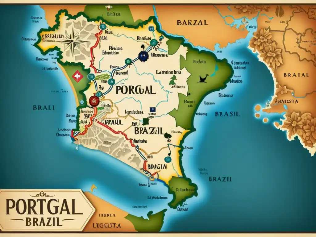 Mapa vintage de Portugal y Brasil con detalles geográficos, ciudades y monumentos, evocando nostalgia y encanto histórico