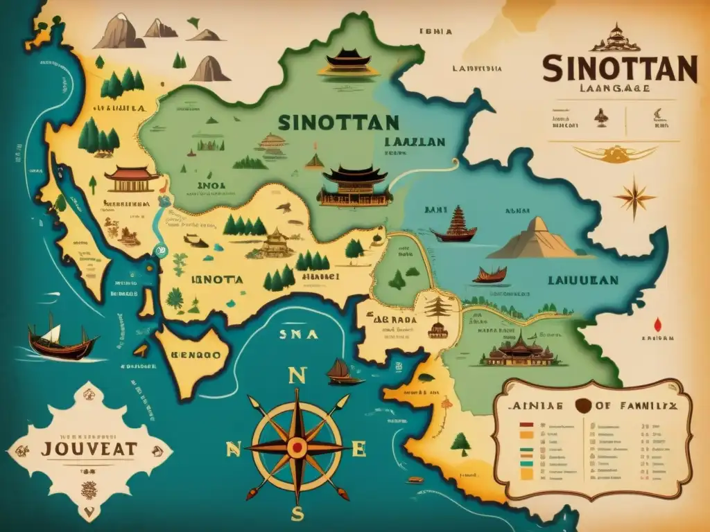 Mapa vintage de la región lingüística SinoTibetana, con detalles intrincados y colores desvanecidos