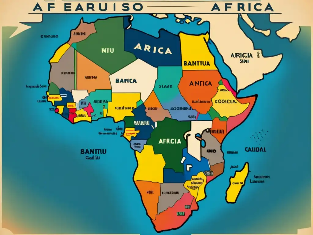 Mapa vintage de África con detalles intrincados y colores vibrantes que muestra la expansión de lenguas bantúes y sus características culturales