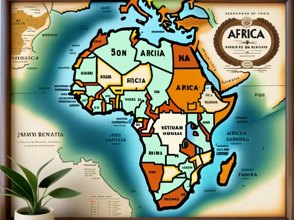 Mapa vintage de África con detalles intrincados que muestran la evolución de las lenguas africanas, en tonos terrosos y caligrafía delicada