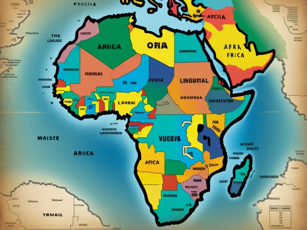 Mapa vintage de África con detalles intrincados y colores vibrantes, resaltando la diversidad de la fonología de lenguas africanas tonales