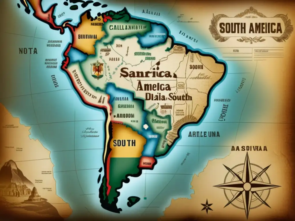 Mapa vintage de Sudamérica con detalles de lenguas y dialectos, símbolos indígenas y políticas lingüísticas en Sudamérica