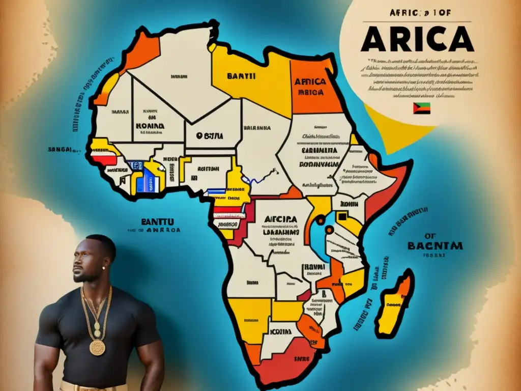 Mapa vintage de África con detalles de regiones de idiomas bantúes y términos bantúes arte global en caligrafía artística