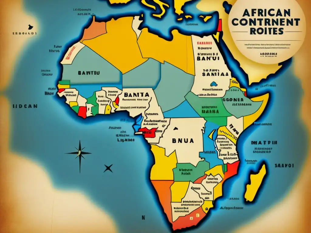 Un mapa vintage de África con detalles de las rutas de migración bantú y su influencia lingüística en el mundo hispanohablante