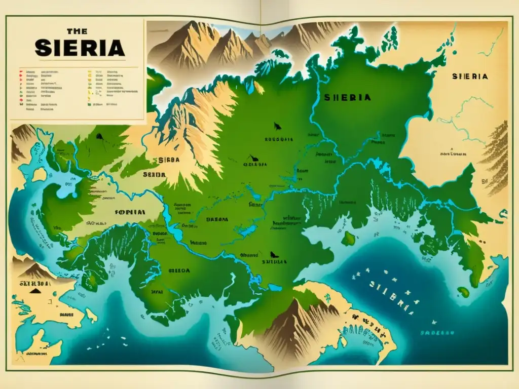 Mapa vintage de Siberia con detalles topográficos y elegante escritura cirílica, evocando exploración en la región