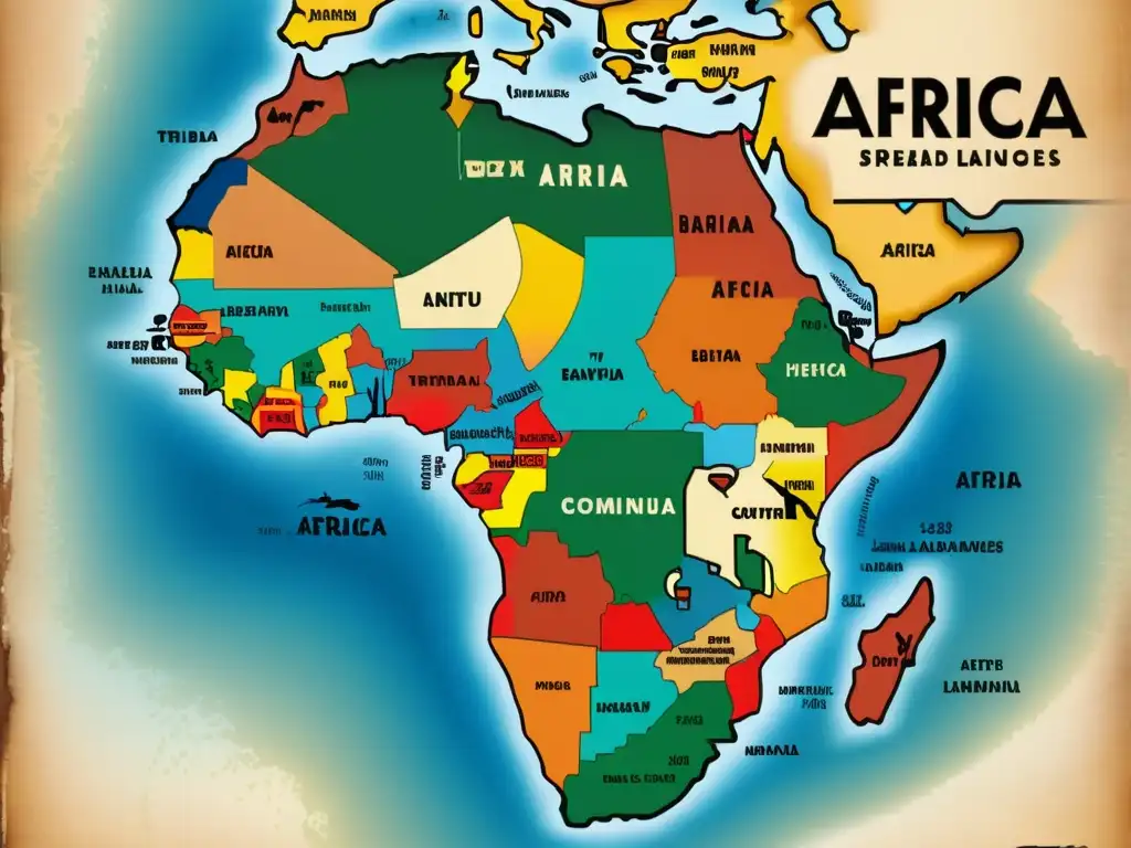 Mapa vintage de África con detalles de tribus y lenguas bantúes, evocando su origen y evolución cultural