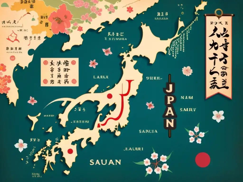 Mapa vintage de Japón con dialectos en caligrafía tradicional y símbolos icónicos