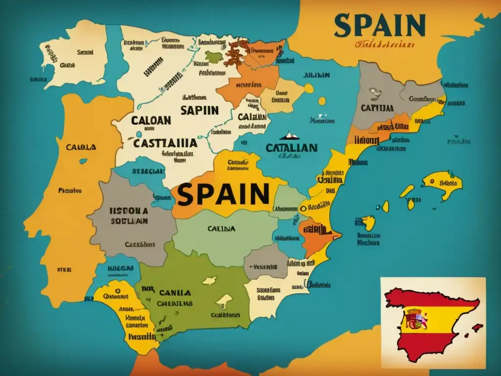 Un mapa vintage de España muestra los dialectos catalanes y castellanos en colores distintos, reflejando la relación entre ambos