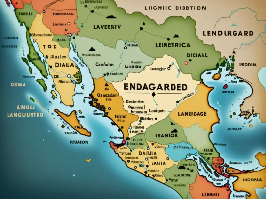 Mapa vintage resaltando dialectos en declive, mostrando diversidad lingüística y esfuerzos de preservación