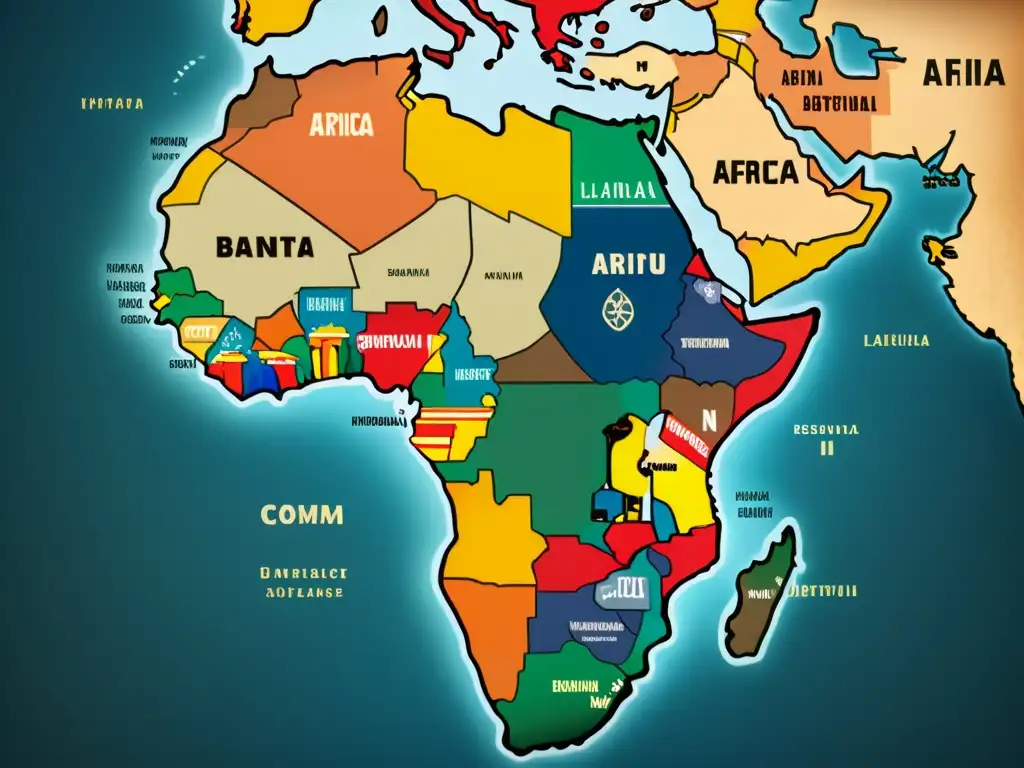 Mapa vintage de África con distribución de dialectos bantúes, detalles intrincados y colores desgastados que evocan historia y tradición