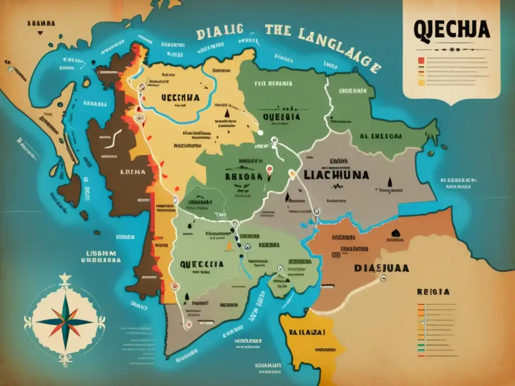 Un mapa vintage muestra los dialectos del Quechua y sus singularidades, con ilustraciones detalladas de vestimenta tradicional y artefactos culturales