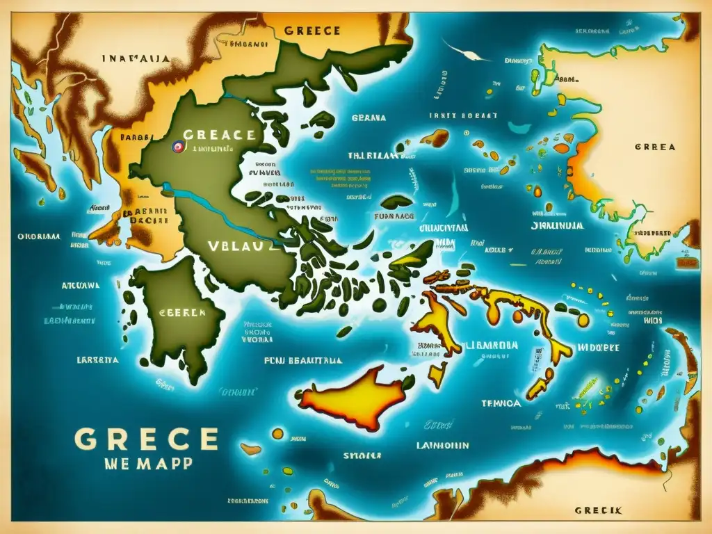 Mapa vintage de Grecia con dialectos y símbolos griegos, perfecto para cursos de griego moderno en dialectos