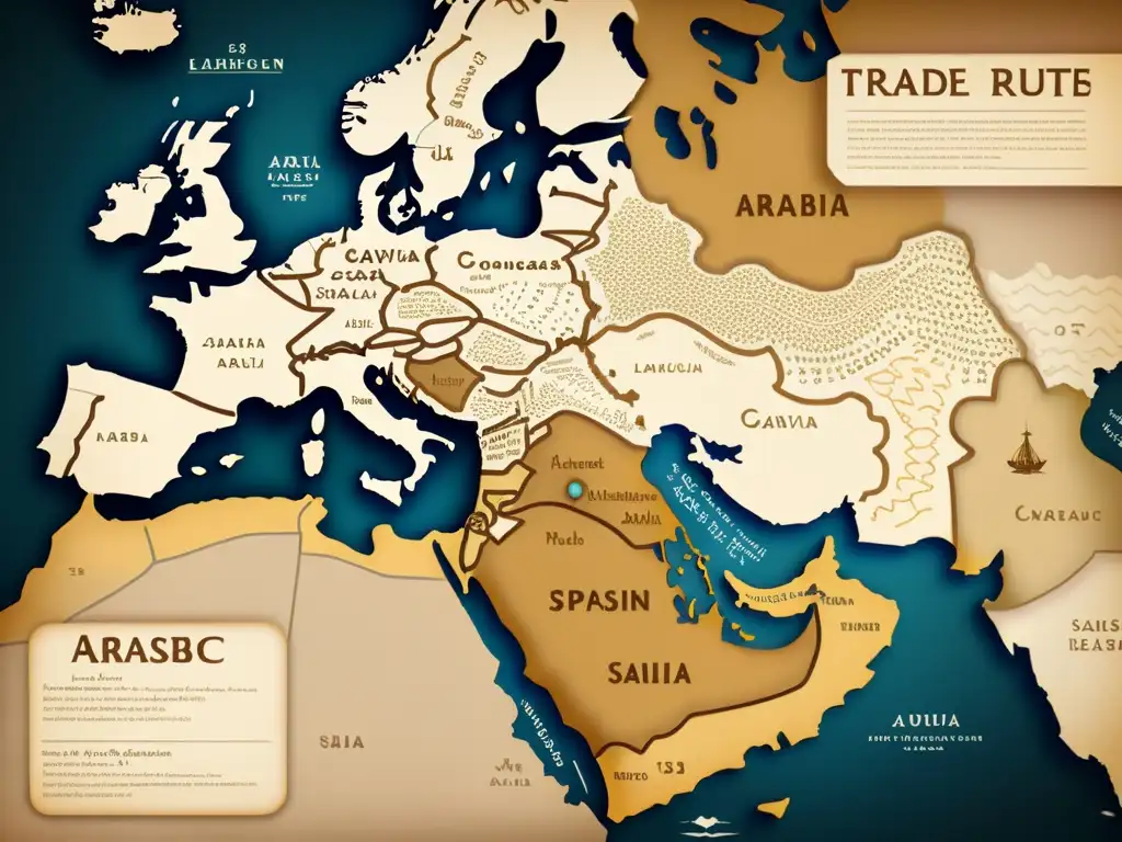 Mapa antiguo de rutas comerciales y expansión del idioma árabe Mapa vintage de la expansión y diáspora de la lengua árabe, con detalles de rutas comerciales y conquistas, tonos sepia y caligrafía